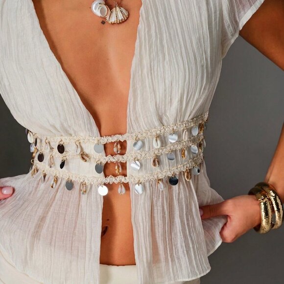 Women's Boho Vacation Lightweight Textured Shell Decor blouse top - Picture 7 of 7